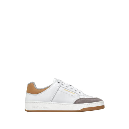 White sneaker with brown accents on a white background