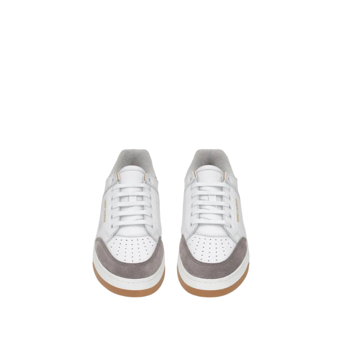 White sneakers with gray soles on a white background