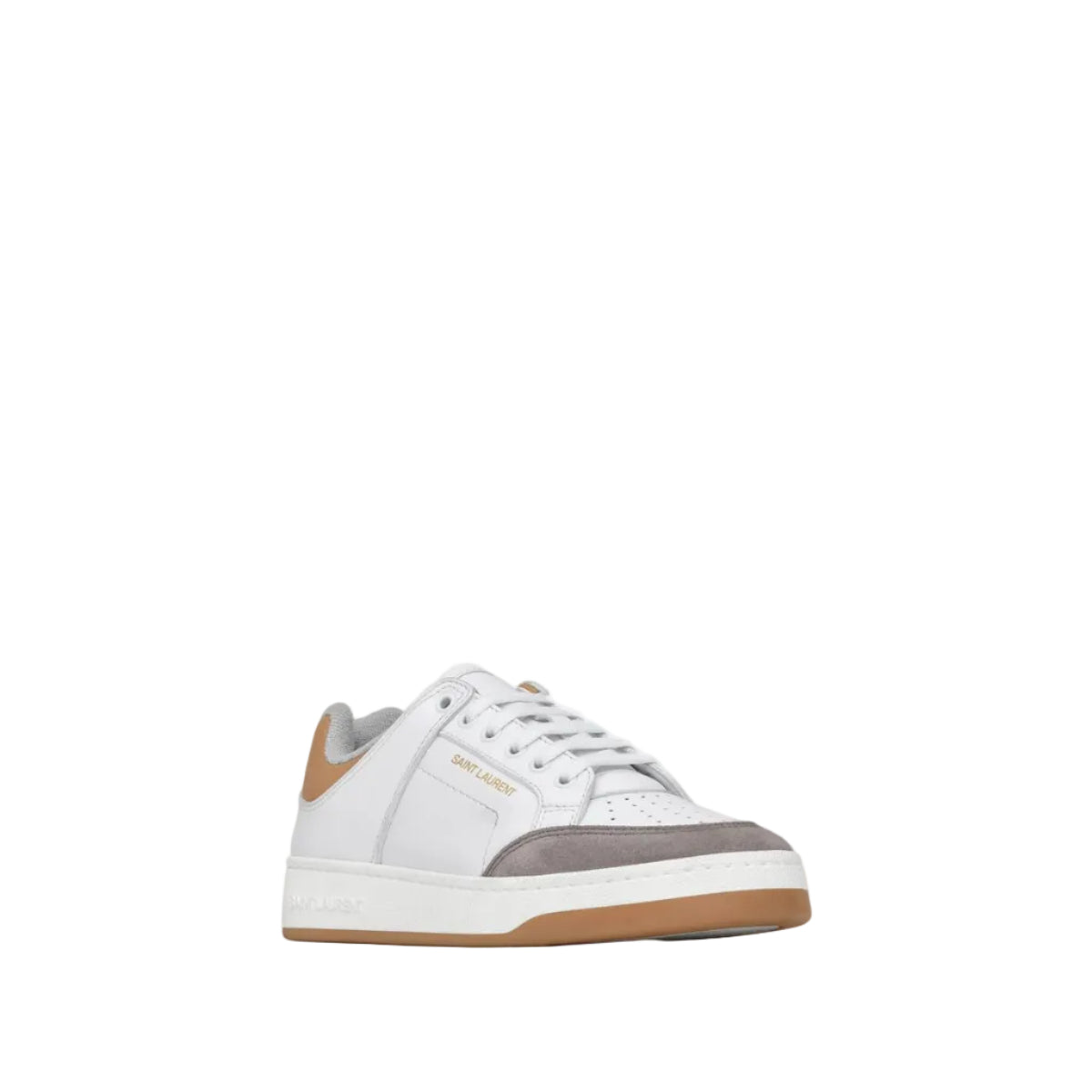 White sneaker with brown accents on a white background