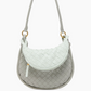 Gray quilted unique luxury bottega handbag with a light green flap on a white background