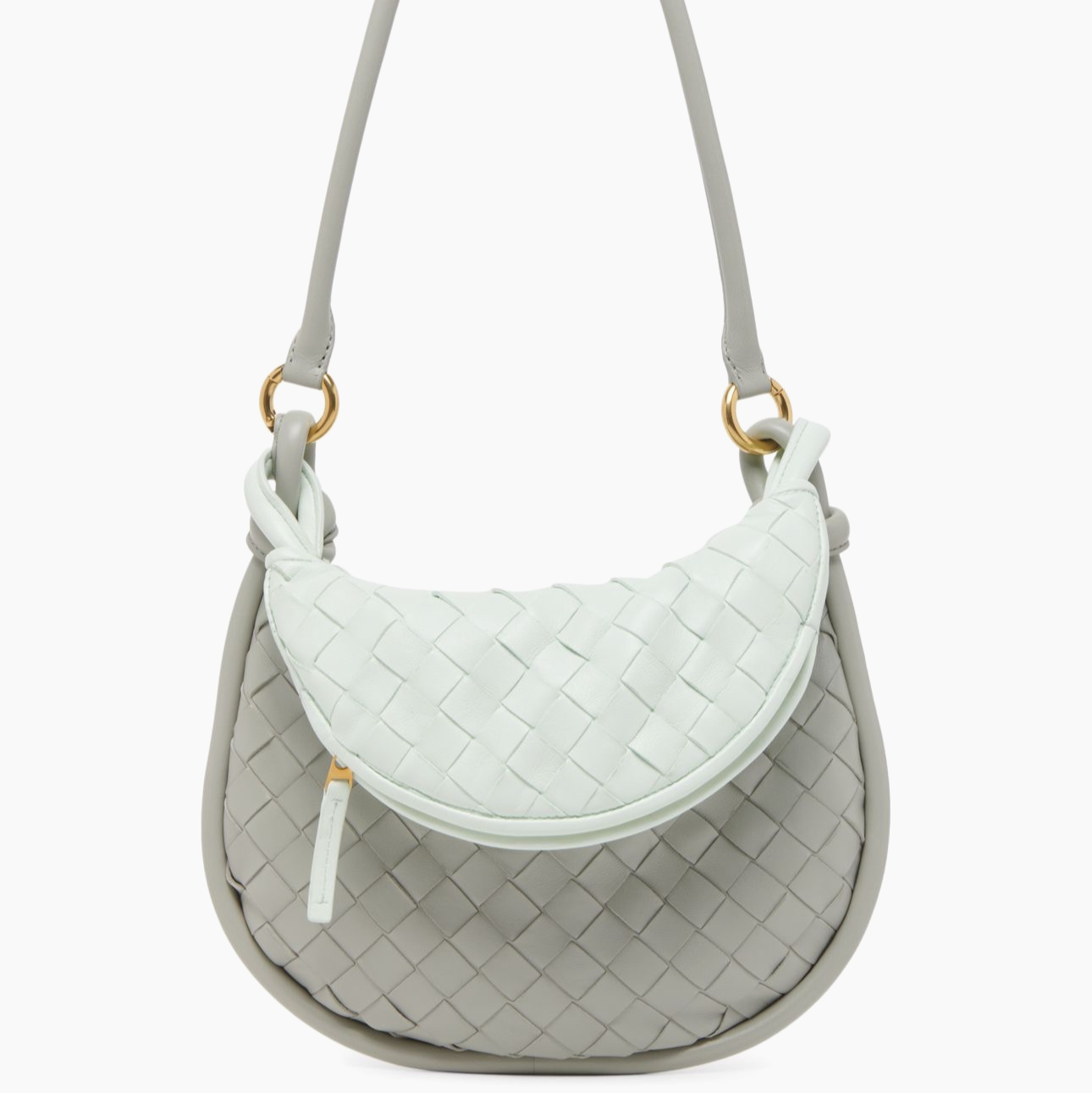Gray quilted unique luxury bottega handbag with a light green flap on a white background