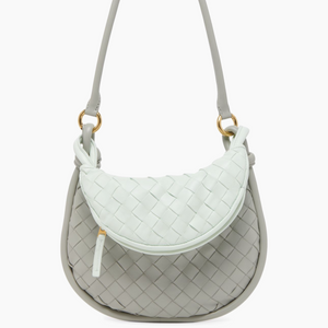 Gray quilted unique luxury bottega handbag with a light green flap on a white background