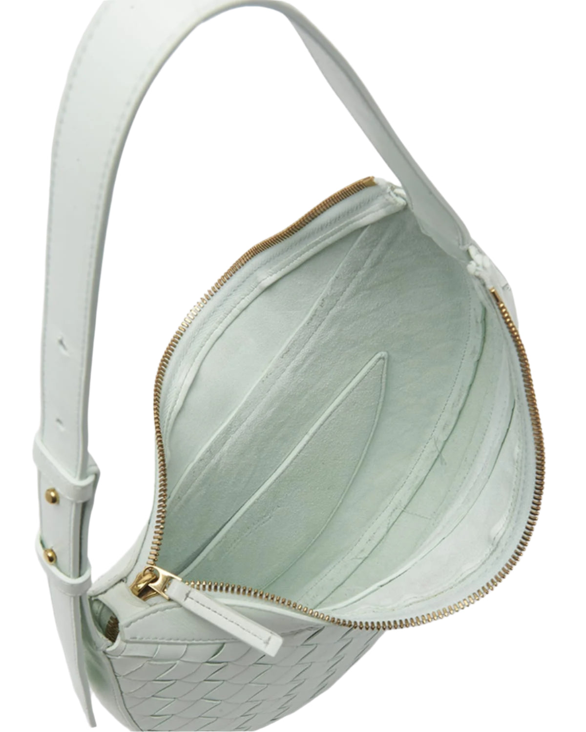 Light green handbag with gold zipper on a white background