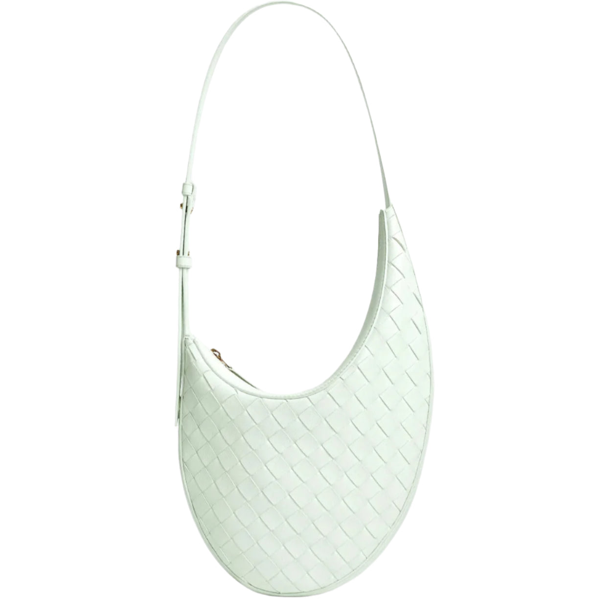 Light green handbag with a textured pattern on a white background