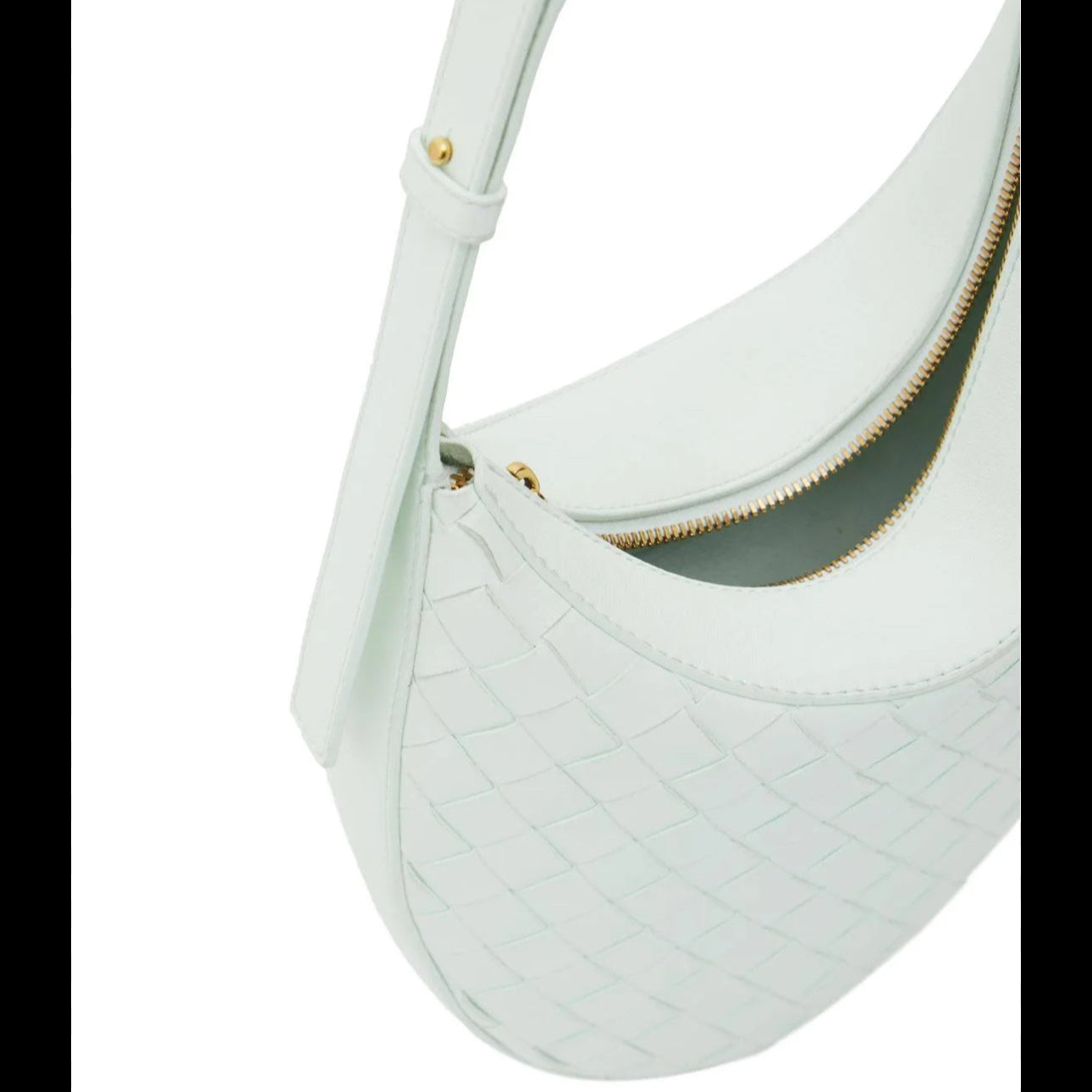 Light green Bottega Veneta handbag with a quilted design on a white background