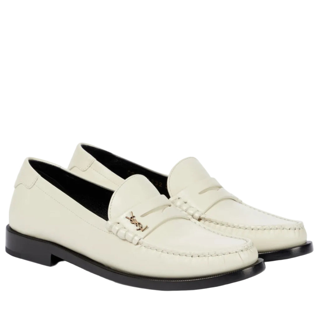 White loafers with a brand logo on a white background