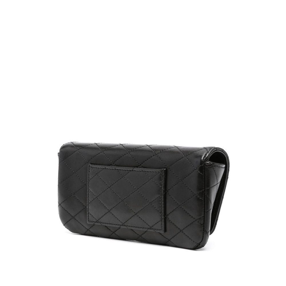 Black quilted handbag on a white background