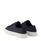 Pair of navy blue sneakers with white soles on a white background