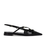 Black sandal with a thin strap on a white background