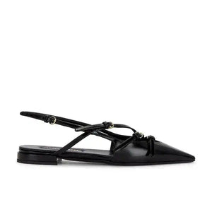 Black sandal with a thin strap on a white background