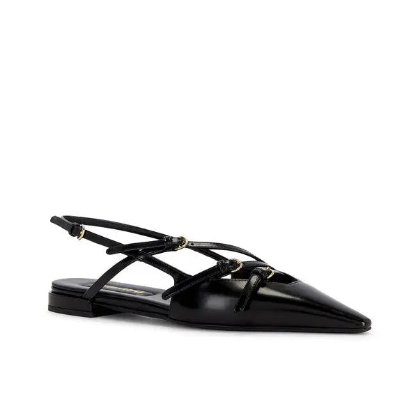 Black leather shoe with brown lining on a white background