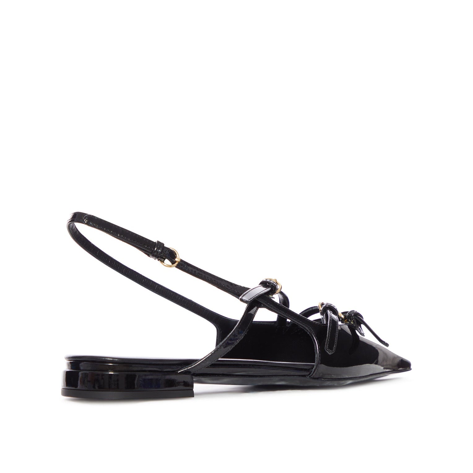 Black patent leather sandal with a strap on a white background