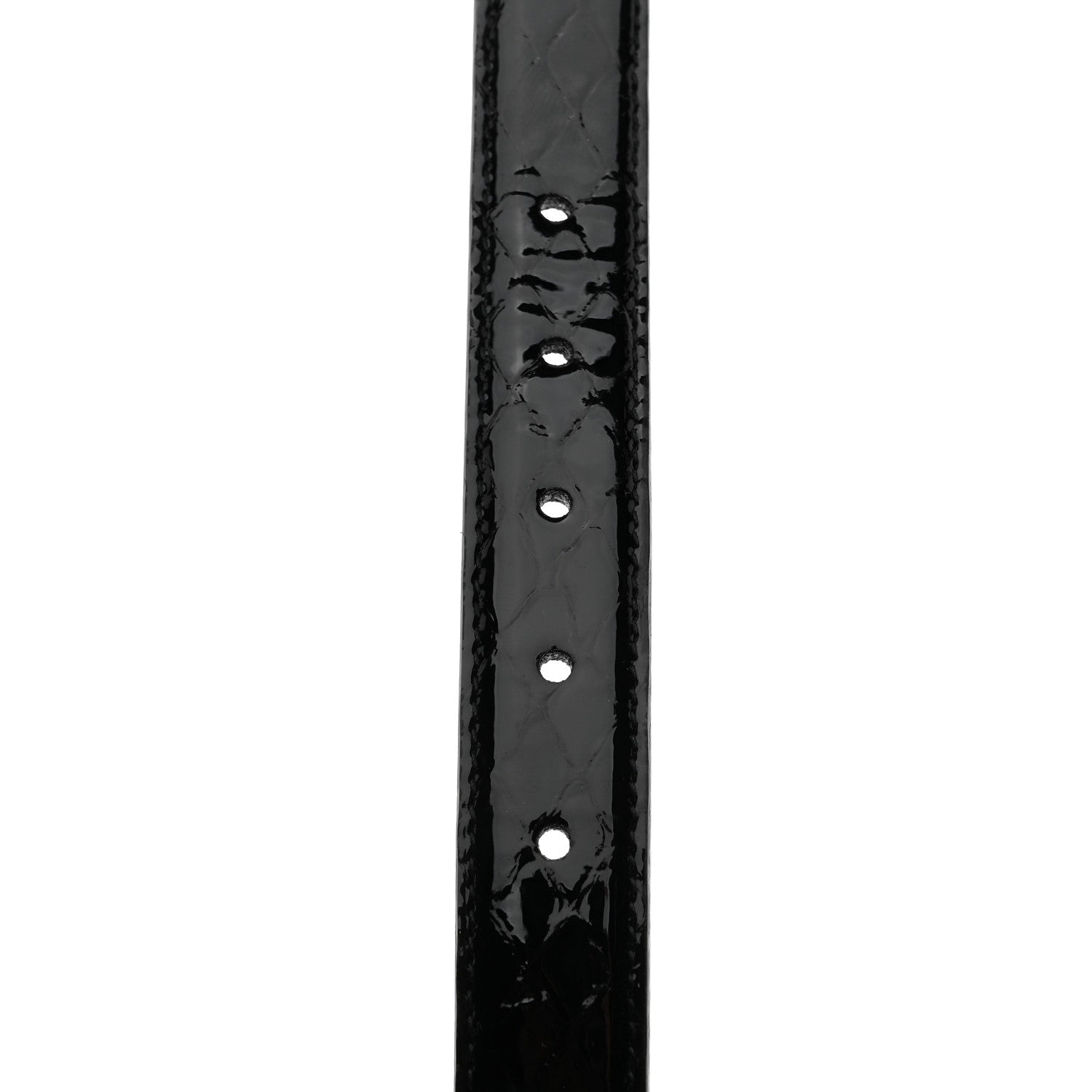 Black leather belt with a glossy finish on a white background