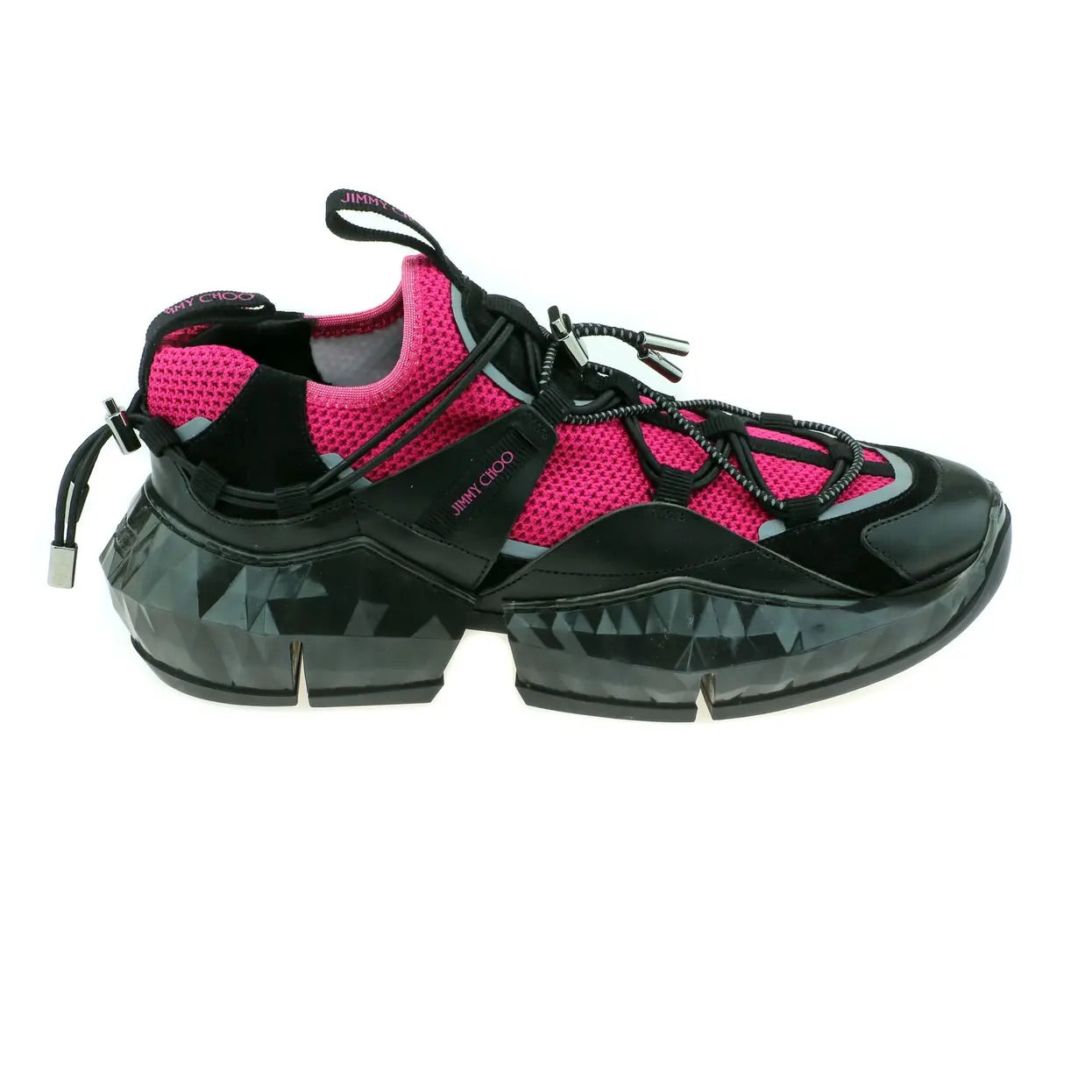Black and pink  jimmy choo sneaker with unique sole design on a white background