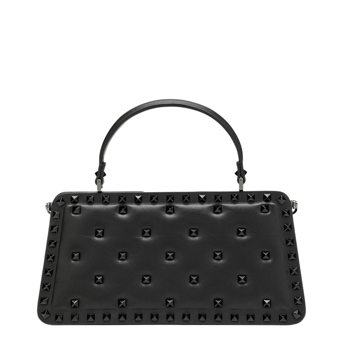 Black studded handbag on a white background