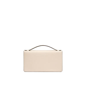 Beige handbag with a black handle on a white background
