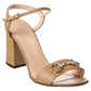 Beige sandal with block heel and Gucci logo on a smartphone screen