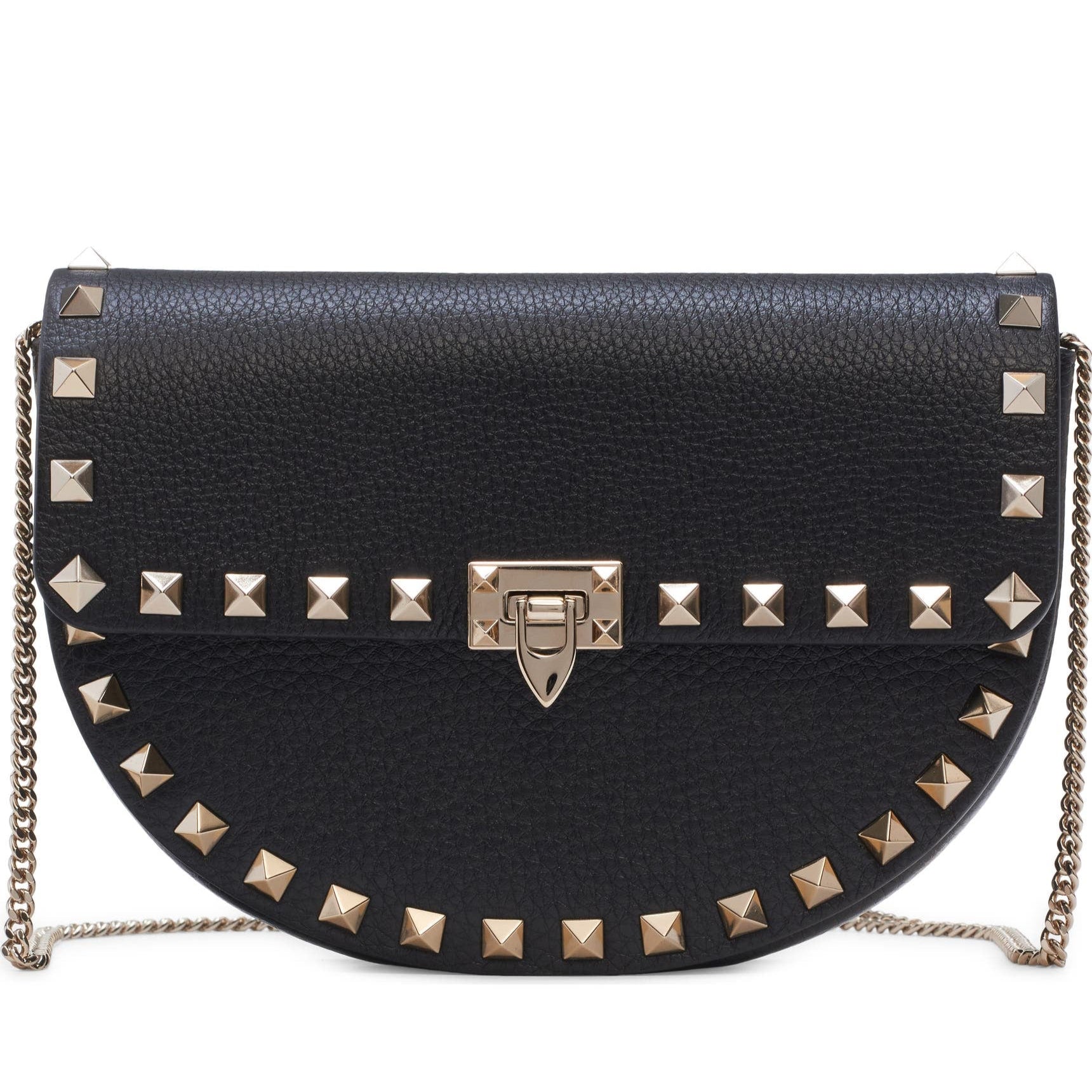 Black studded Valentino handbag with a chain strap on a white background