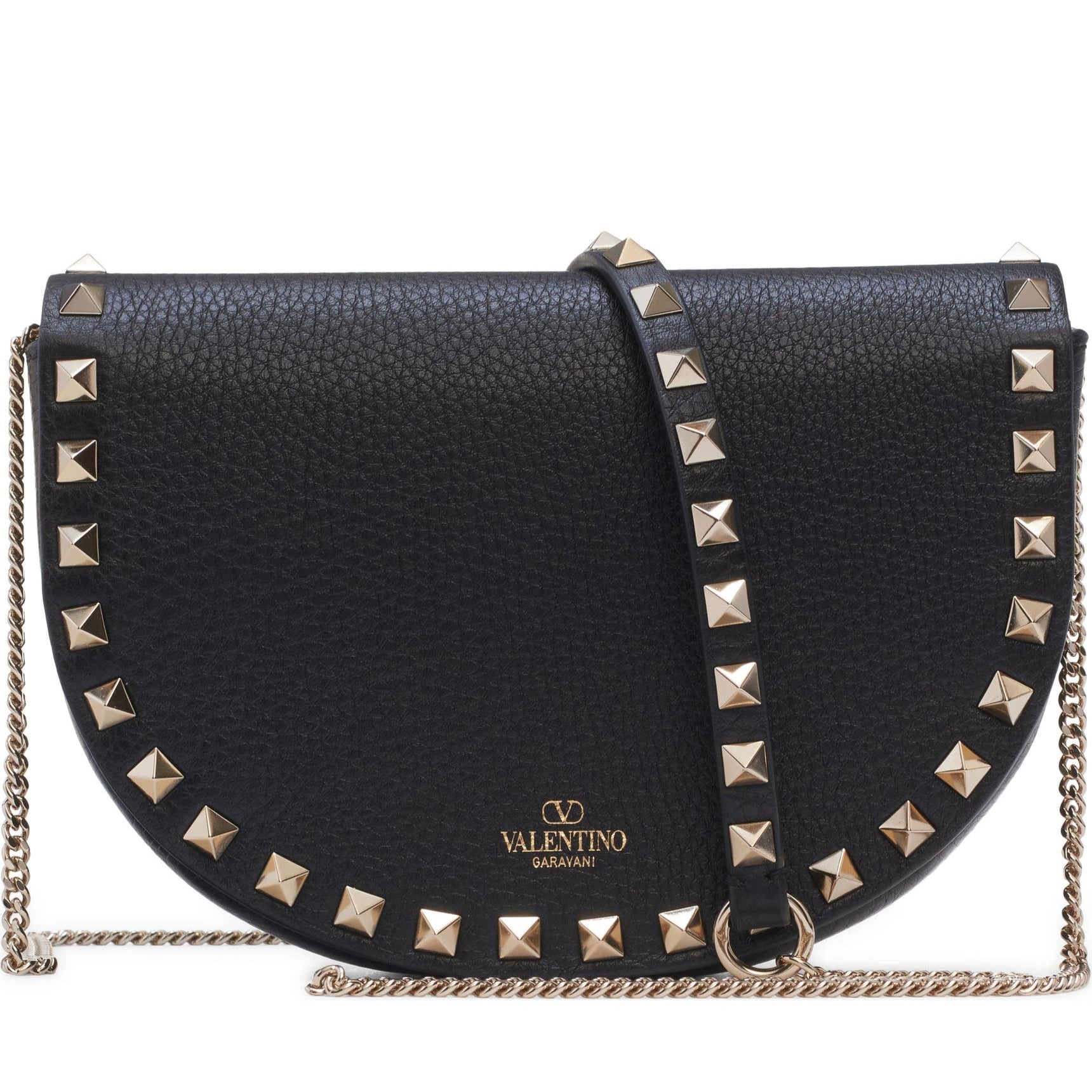 Black studded handbag with gold chain strap on a white background