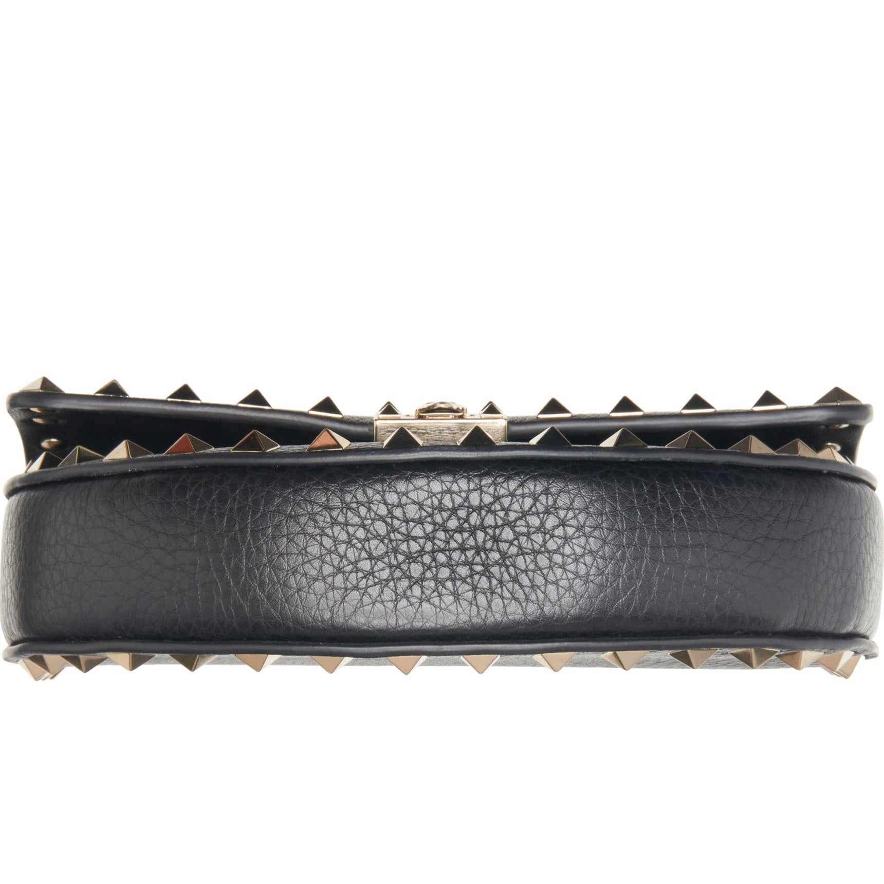Black leather dog collar with gold studs on a white background