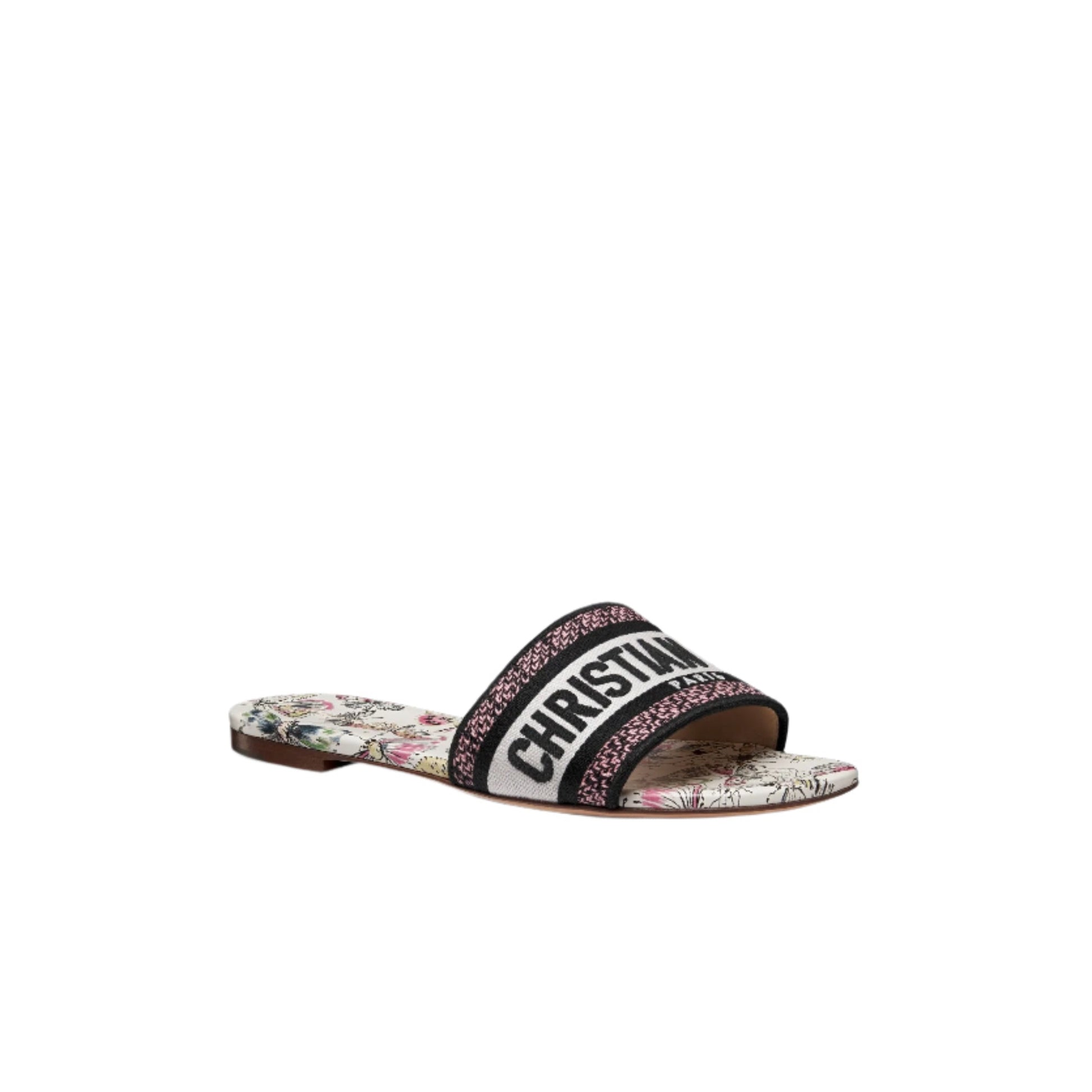 Floral Dior slide sandal with 'Christian' branding on a white background