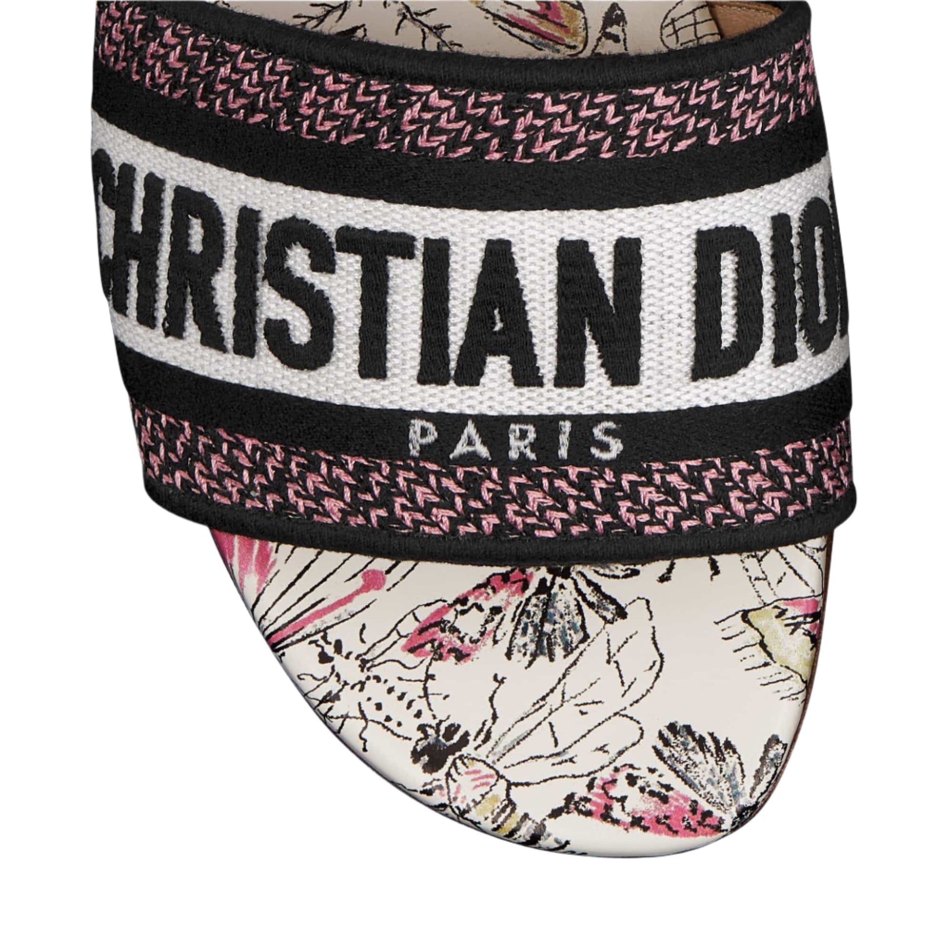 Christian Dior sandal with floral design and brand logo on a white background