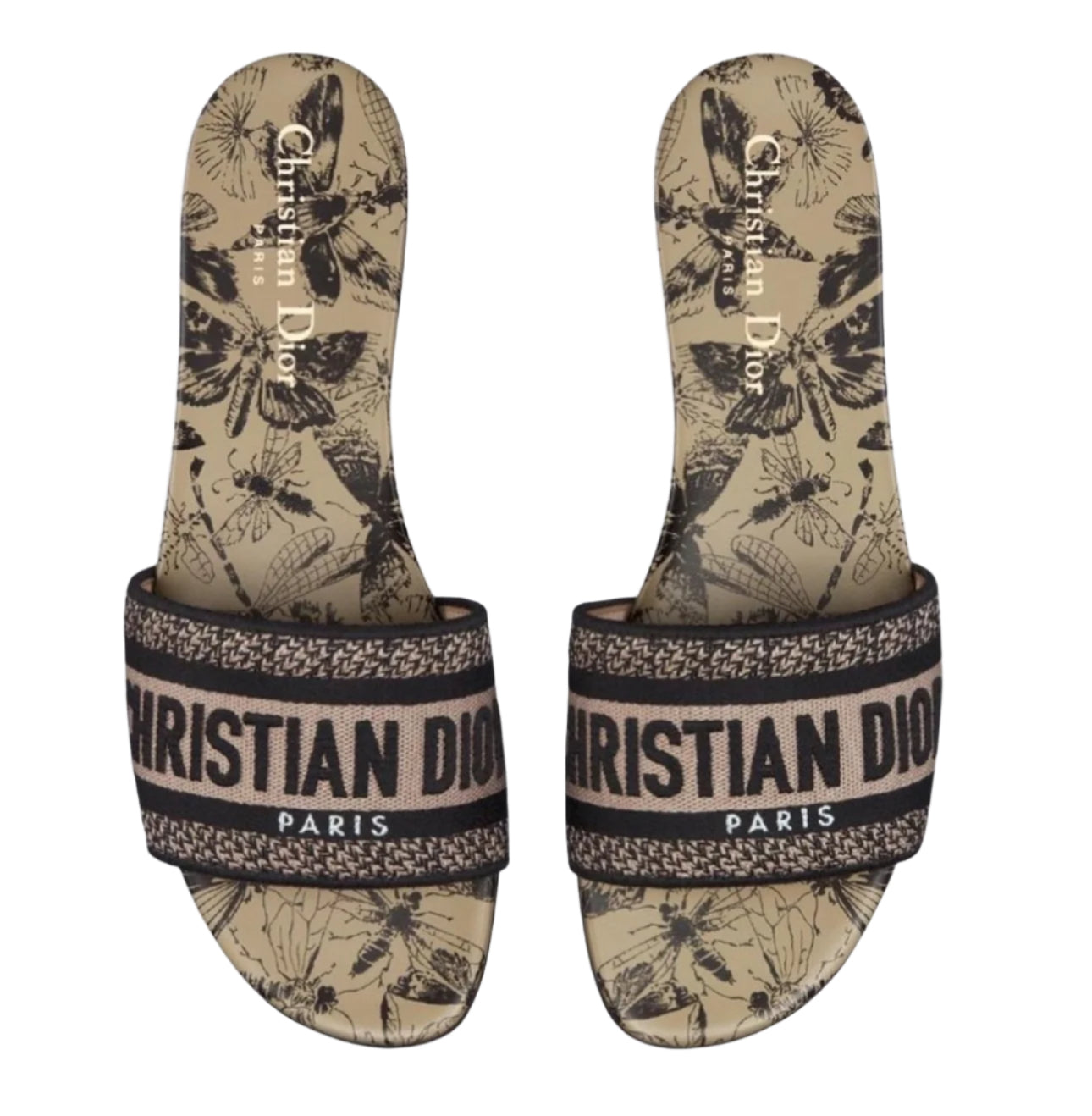 Pair of Christian Dior slides with butterfly pattern on a white background