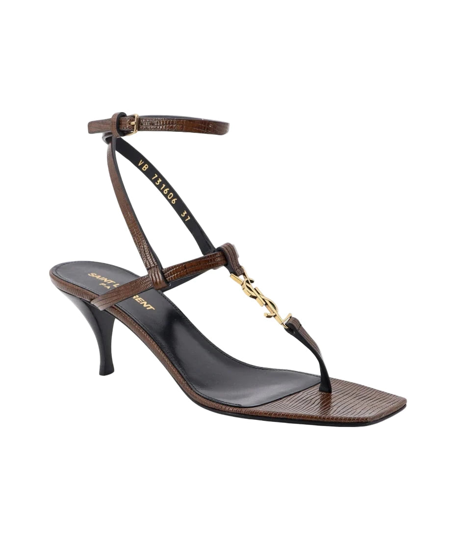 Brown high-heeled sandal with gold accents on a white background