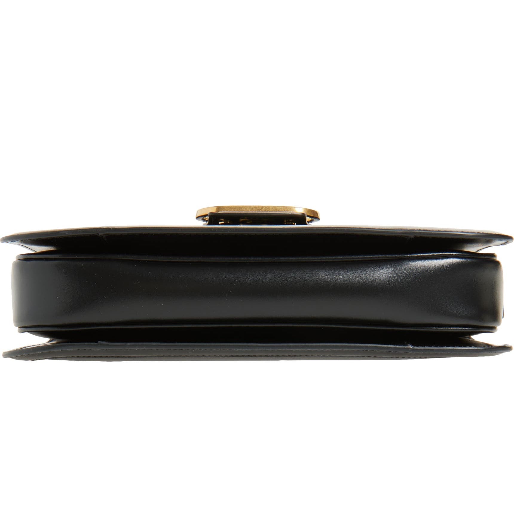 Black handbag with gold clasp on a white background