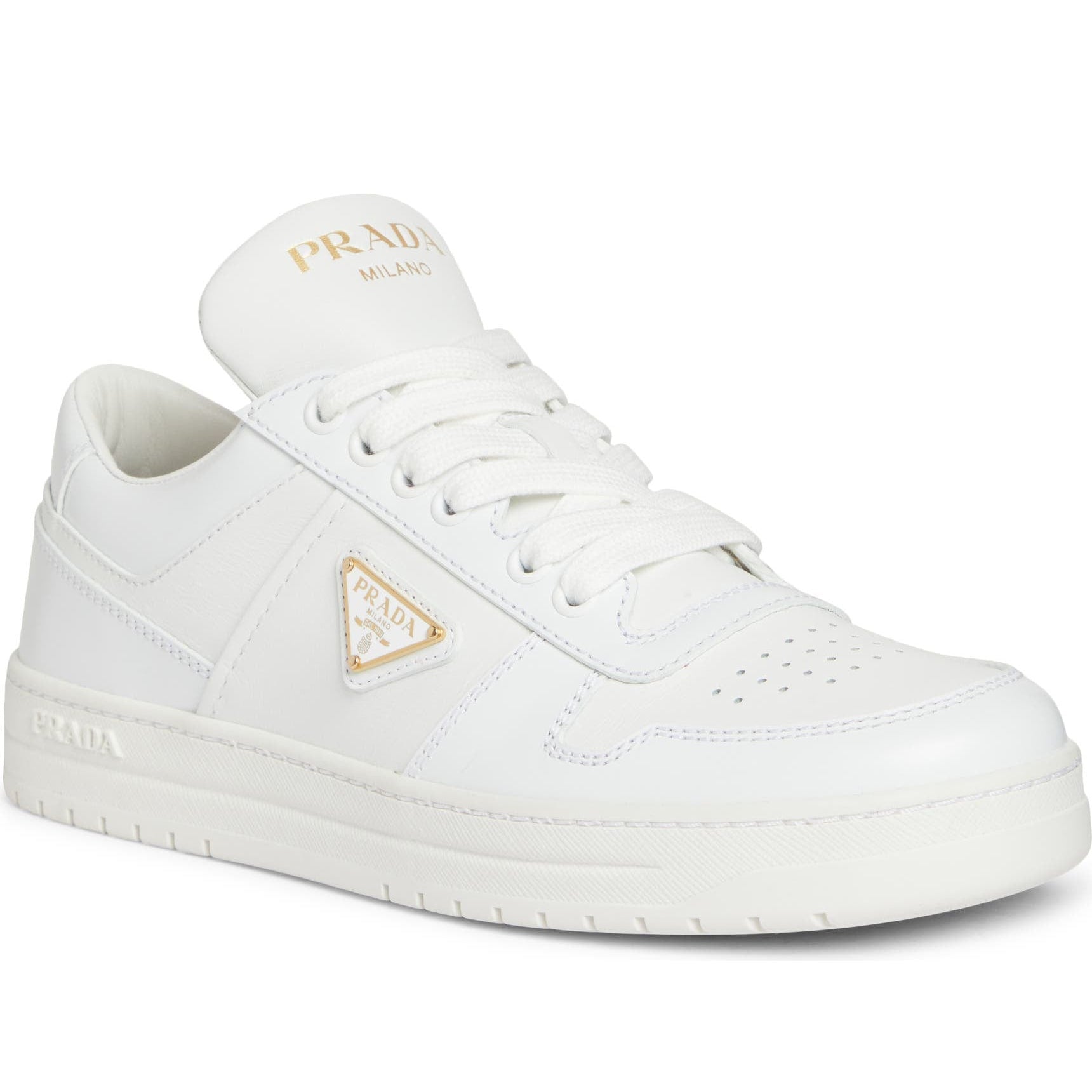 White sneaker with Prada logo on a white background