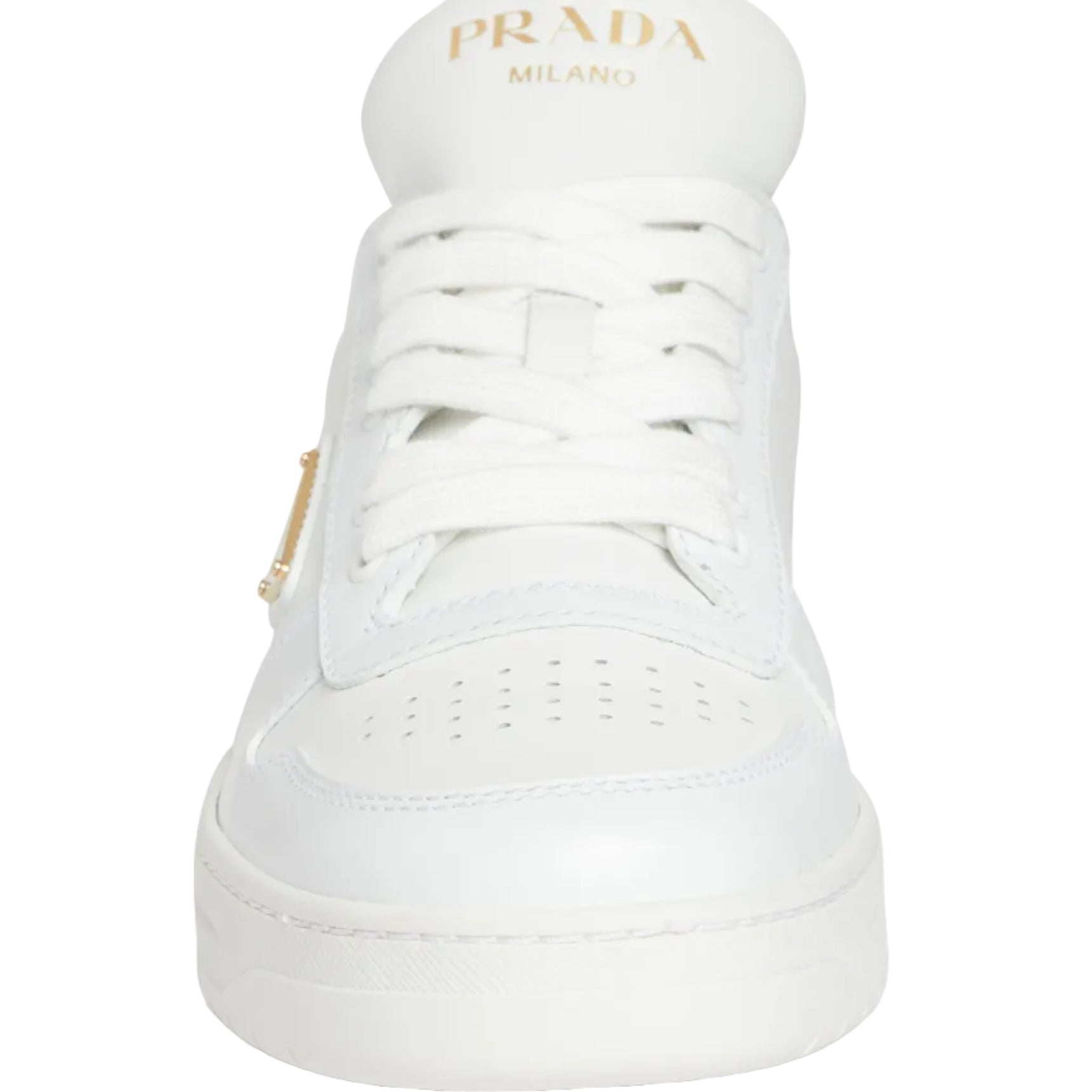 White sneaker with gold Prada logo on a white background