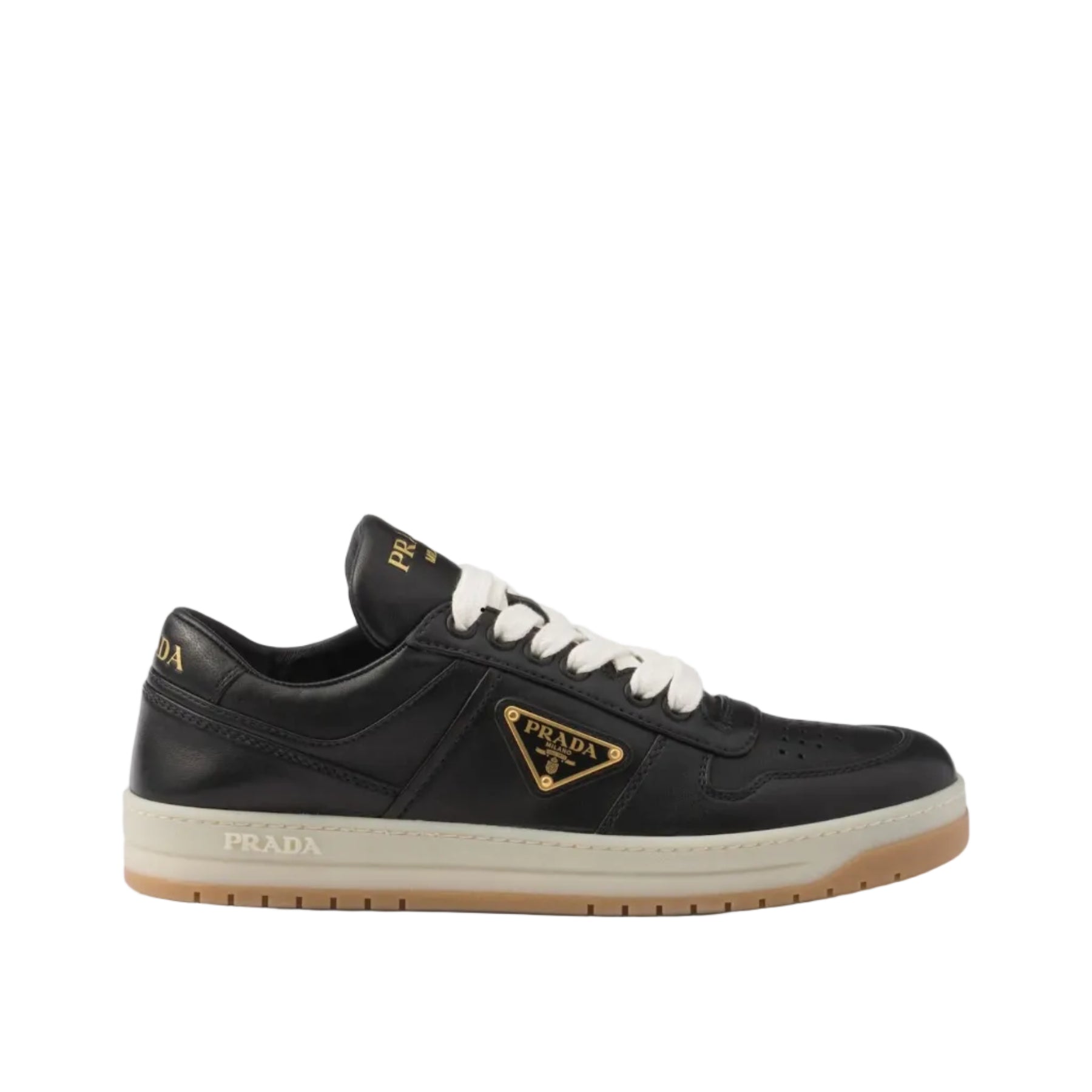 Black sneaker with a brand logo on a light gray background