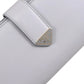 Close-up of a light gray wallet with a brand logo on a white background