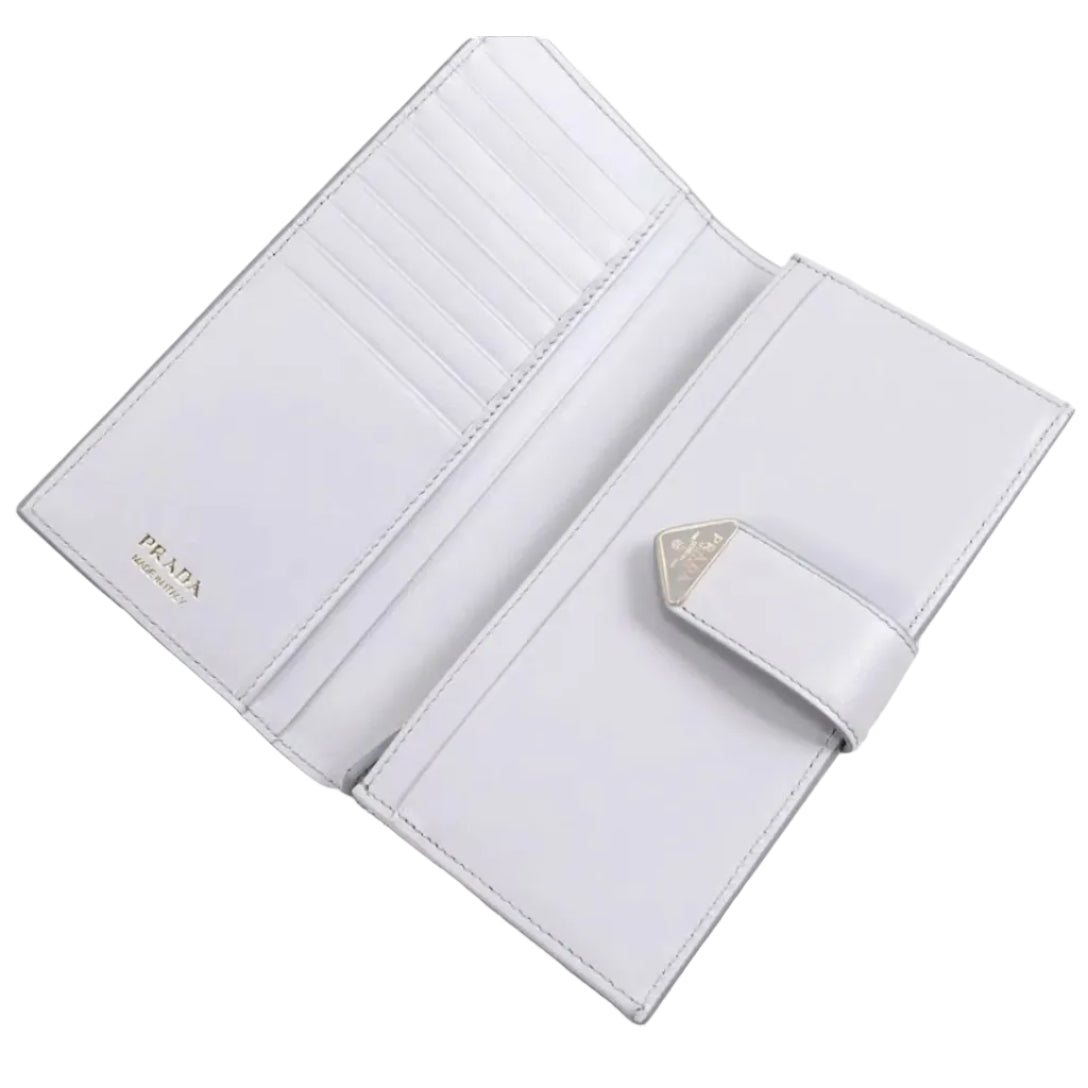White wallet with Prada logo on a white background