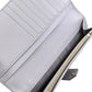 Gray wallet with gold zipper detail on a white background
