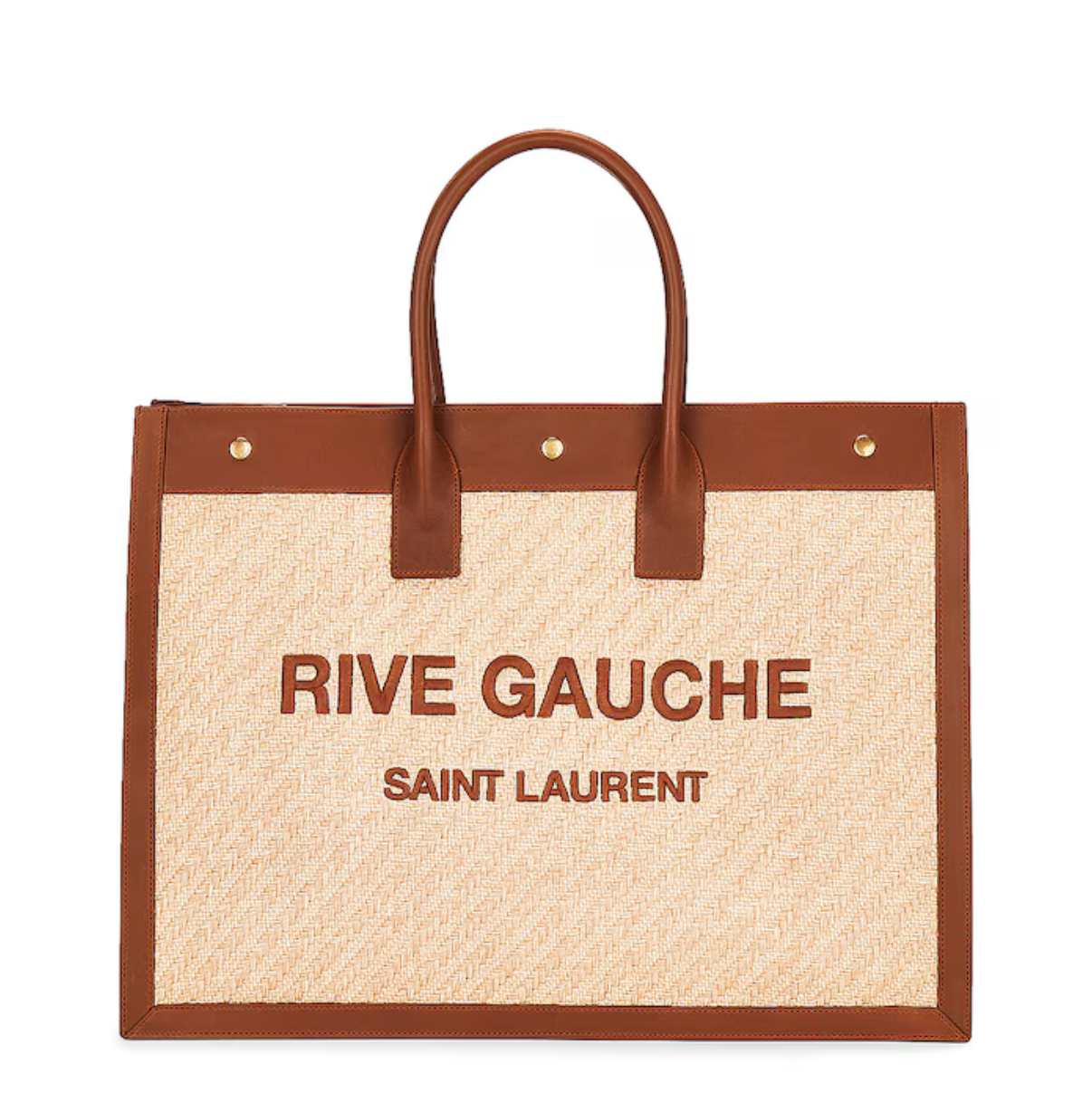 Saint Laurent tote bag with 'Rive Gauche' text on a white background