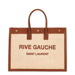 Saint Laurent tote bag with 'Rive Gauche' text on a white background