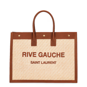 Saint Laurent tote bag with 'Rive Gauche' text on a white background