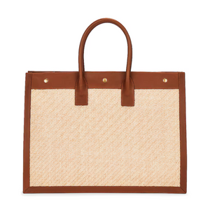 Brown tote bag with beige textured surface on a white background