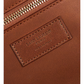 Brown leather pouch with a visible brand label on a white background
