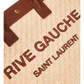 Saint Laurent bag with 'Rive Gauche' text on a beige background