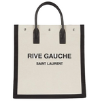 Beige tote bag with black handles and text on a white background