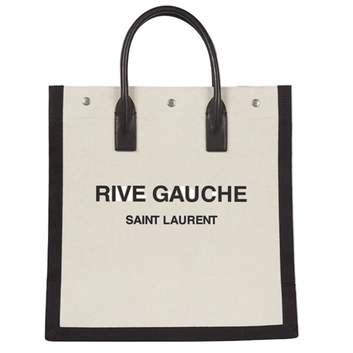 Beige tote bag with black handles and text on a white background