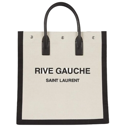 Beige tote bag with black handles and text on a white background