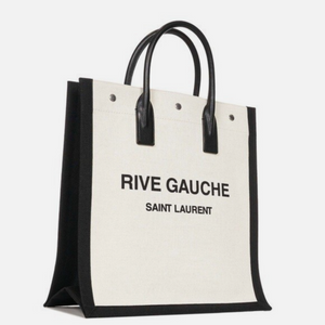 Saint Laurent tote bag with 'Rive Gauche' text on a white background