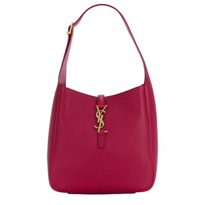 Red handbag with a gold logo on a white background