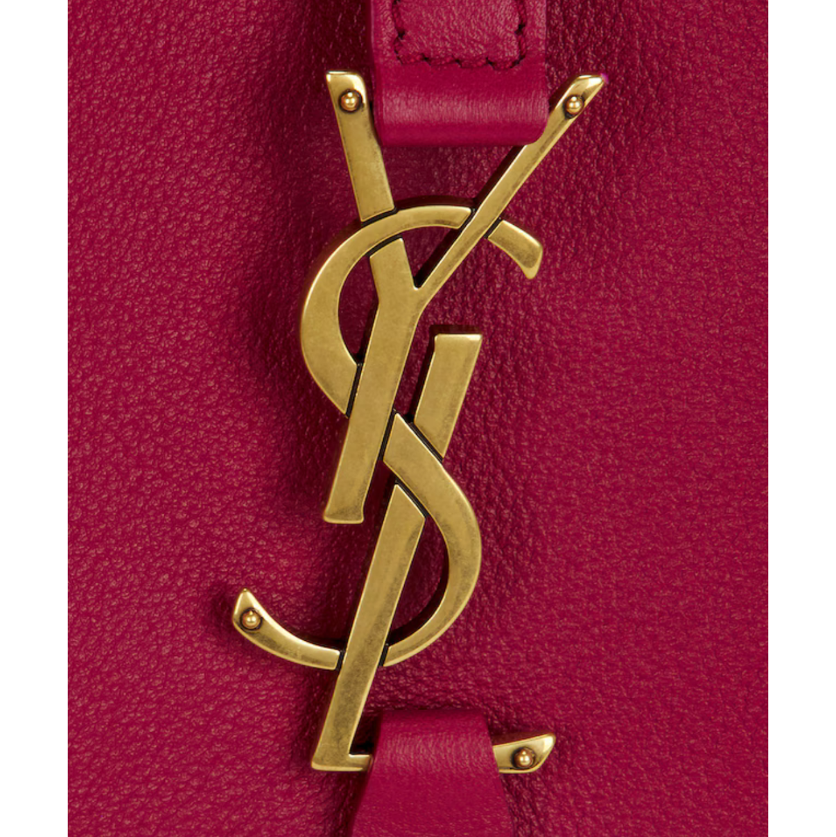 Close-up of a red handbag with a gold logo on a white background