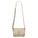 Beige handbag with a visible brand logo on a white background
