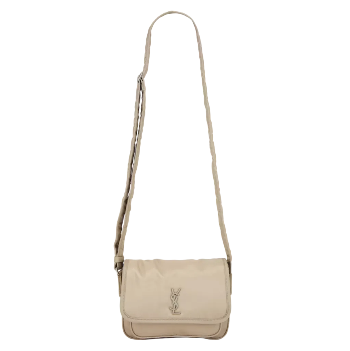 Beige handbag with a visible brand logo on a white background