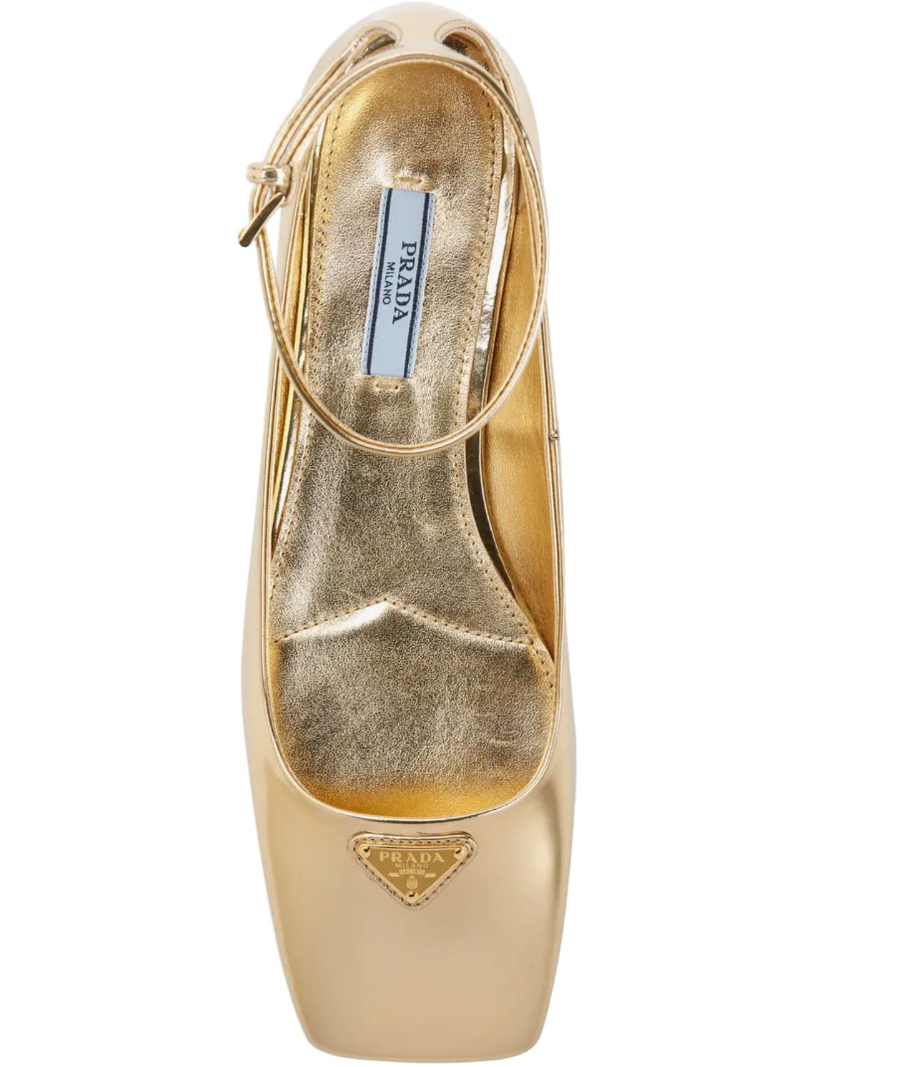 Gold high-heeled shoe with Prada logo on a white background
